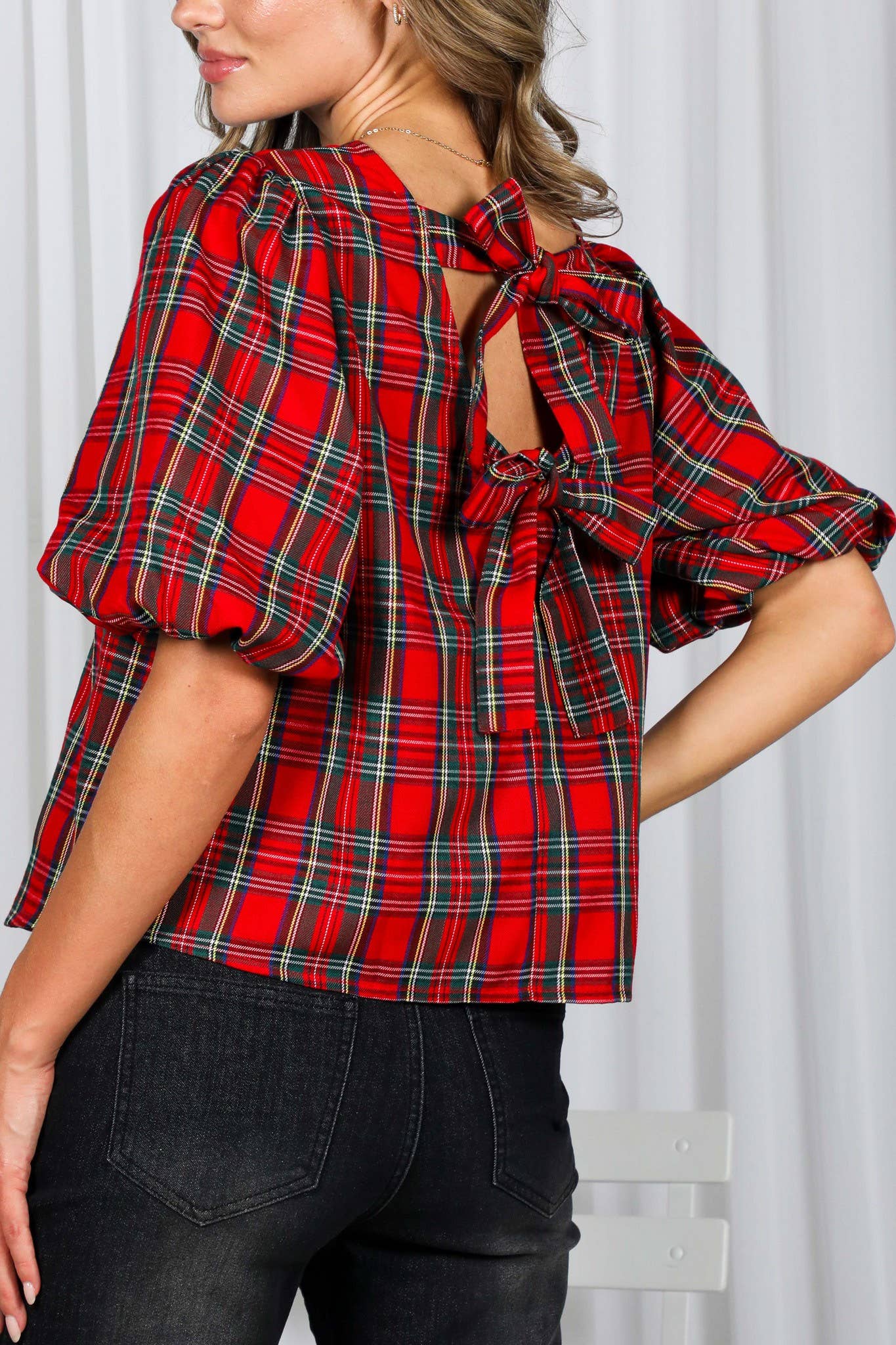 V-Back 2 Bow Accent Plaid Blouse Top
