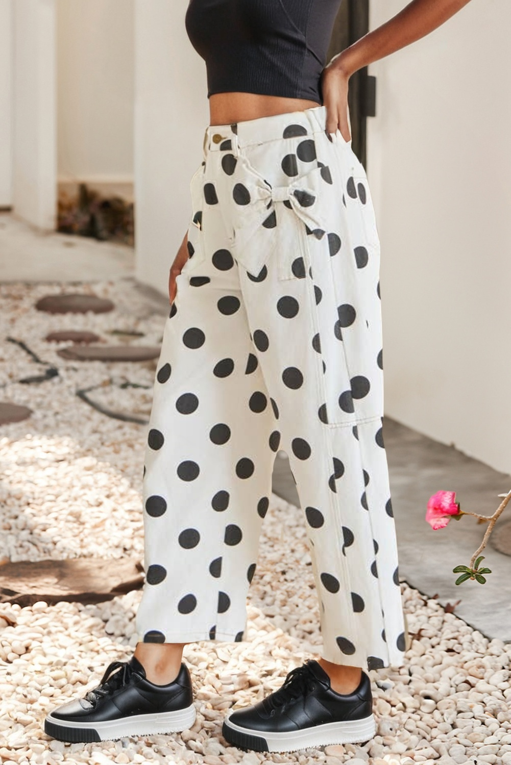 Polka Dot Bow Pocketed Denim Pants