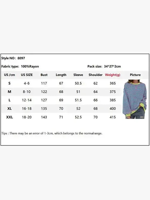 Striped long sleeve women's top size chart with measurements, fabric details, and product image.