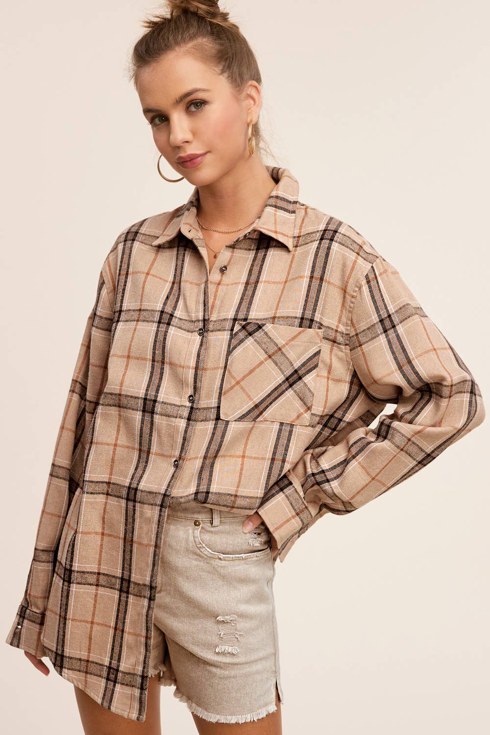 Loose Fit Button Down Soft Fabric Plaid Shirts