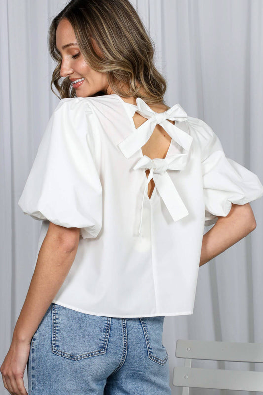 Bubble Sleeve V-Back 2 Bow Detail Blouse Top