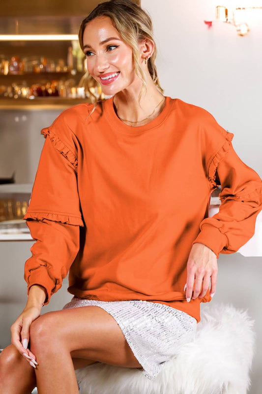 Crew Neck Ruffle Detail French Terry Sweatshirt VT70083