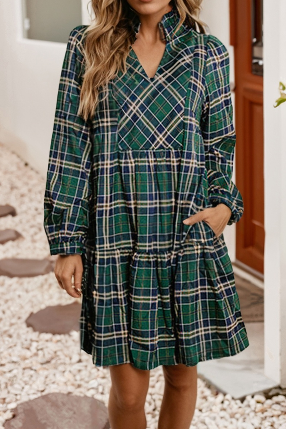 Plaid Print Frilly Collar Long Sleeve Shift Mini Dress