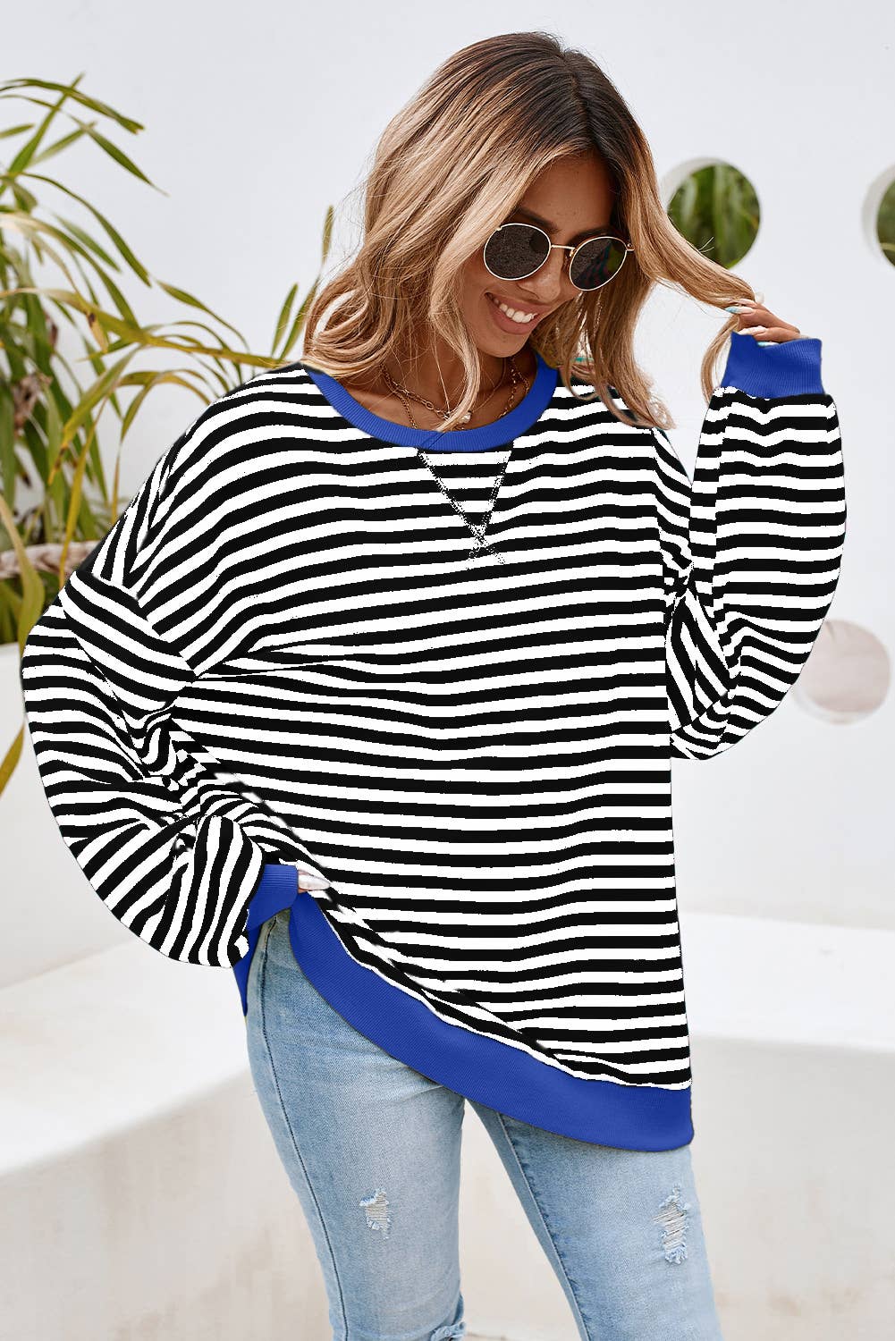 Stripe Contrast Trim Oversized Pullover Sweatshirt