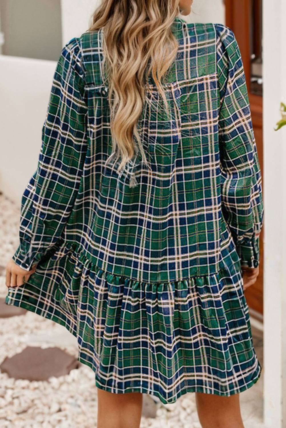 Plaid Print Frilly Collar Long Sleeve Shift Mini Dress