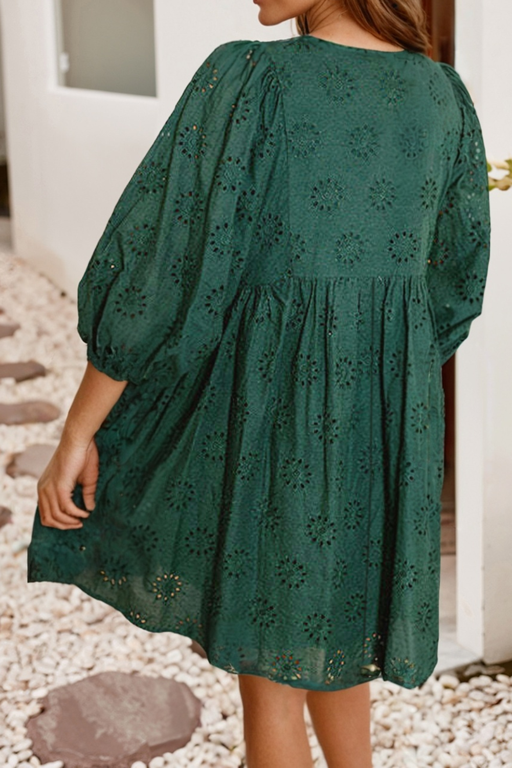 Eyelet Pattern 3/4 Puffy Sleeve Swing Mini Dress