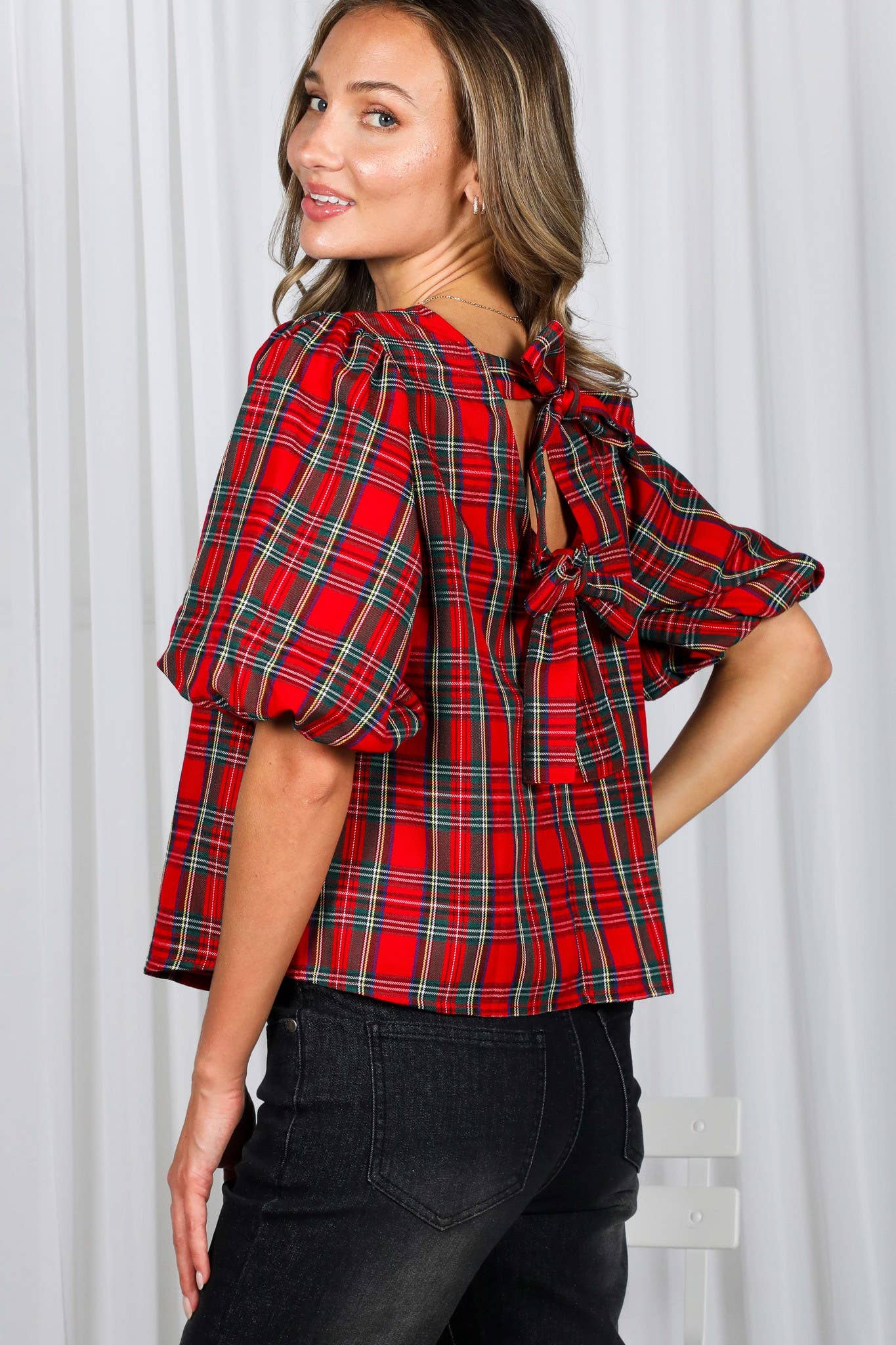 V-Back 2 Bow Accent Plaid Blouse Top