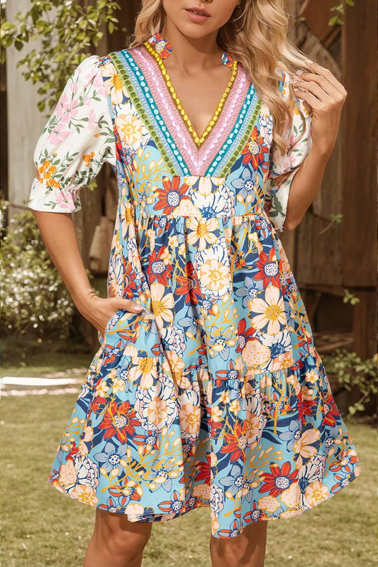 Boho Floral Crochet Patchwork Loose Mini Dress