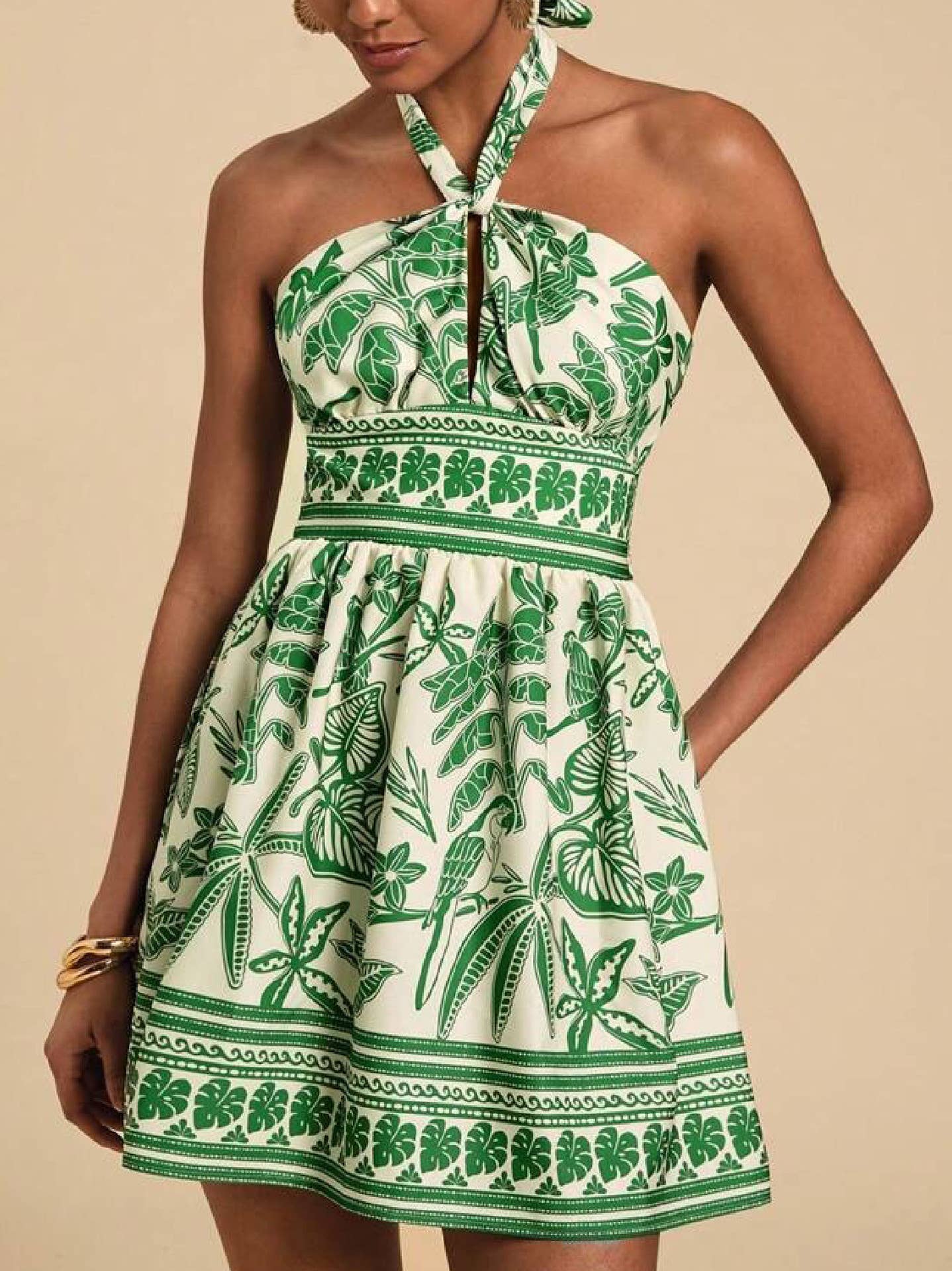 Tropical Print Halter Neck Cutout Smocked Dress
