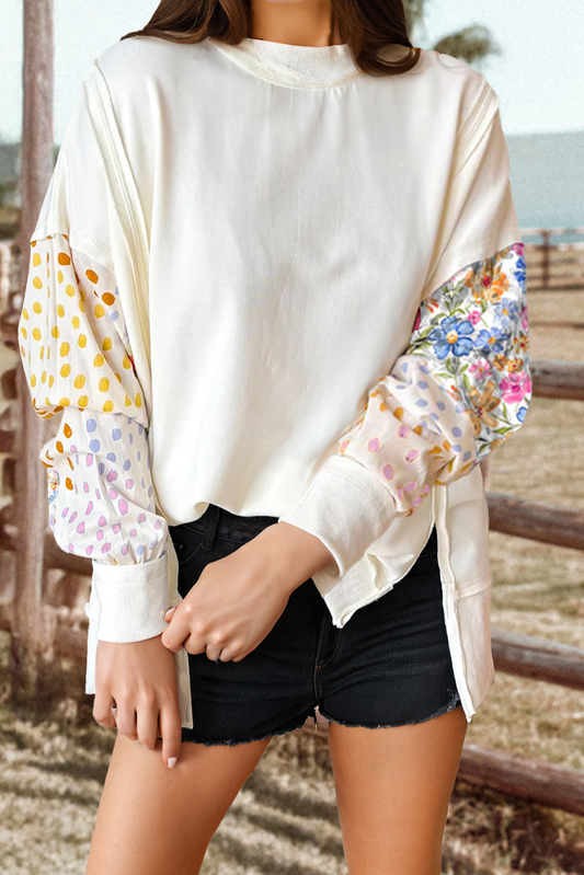 Floral Dotted Mix Print Patchwork Sleeve High Low Sweatshirt