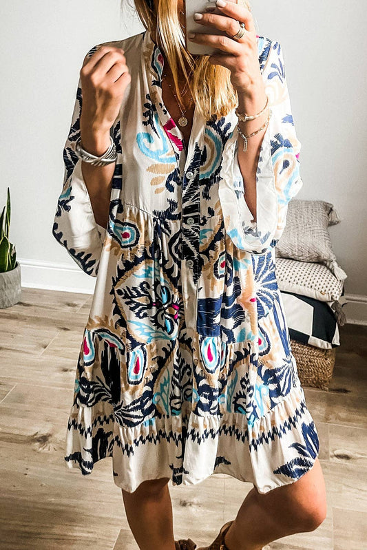 White Printed Bracelet Sleeve Buttoned Mini Dress
