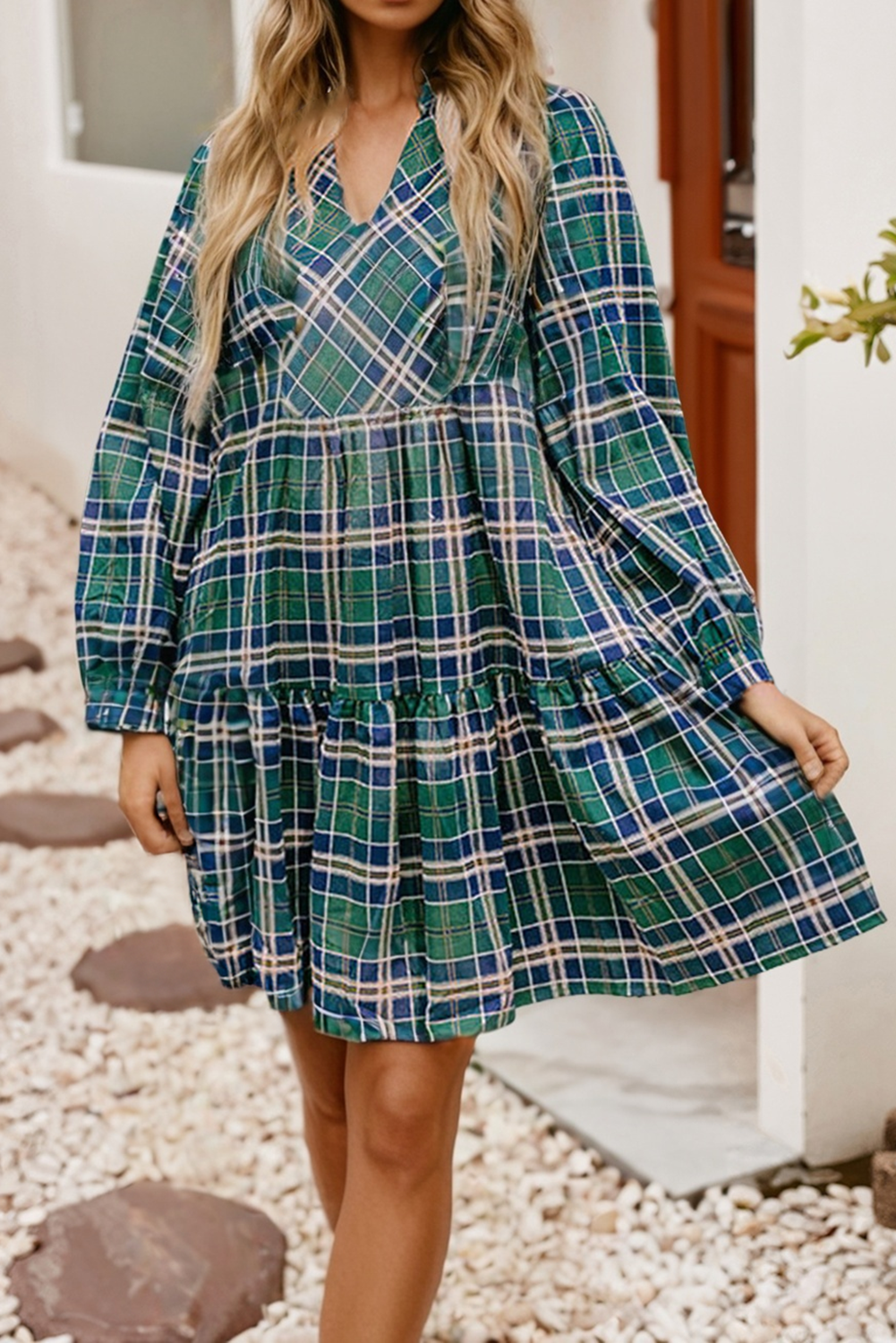 Plaid Print Frilly Collar Long Sleeve Shift Mini Dress