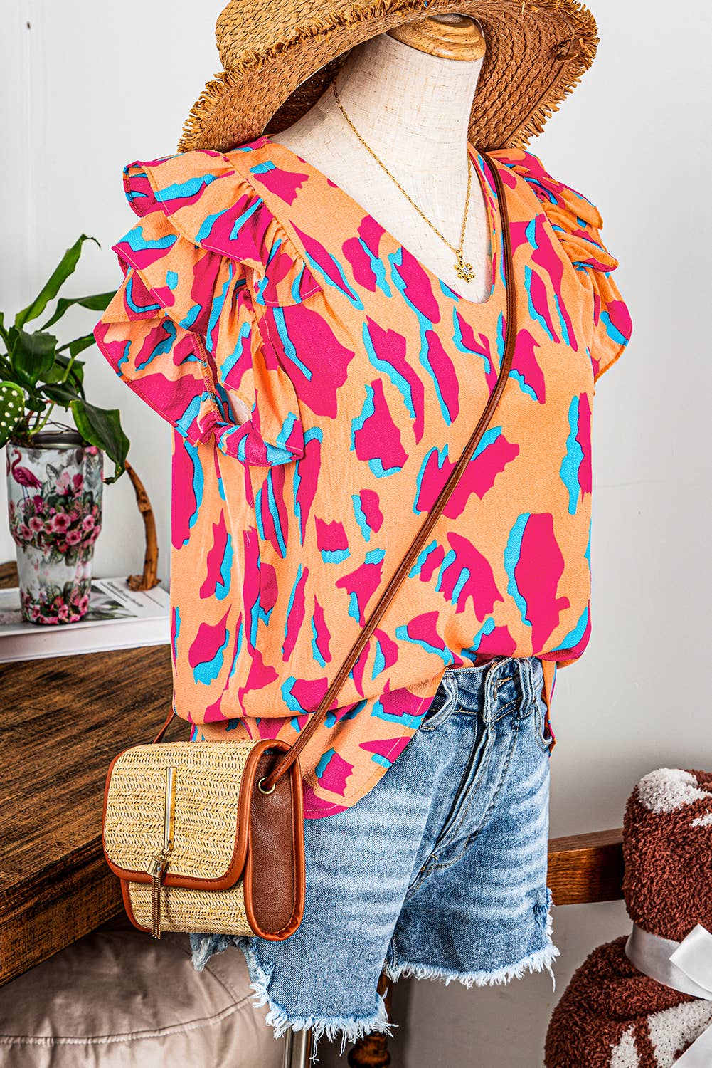 BOHO Abstract V Neck Ruffled Sleeve Blouse