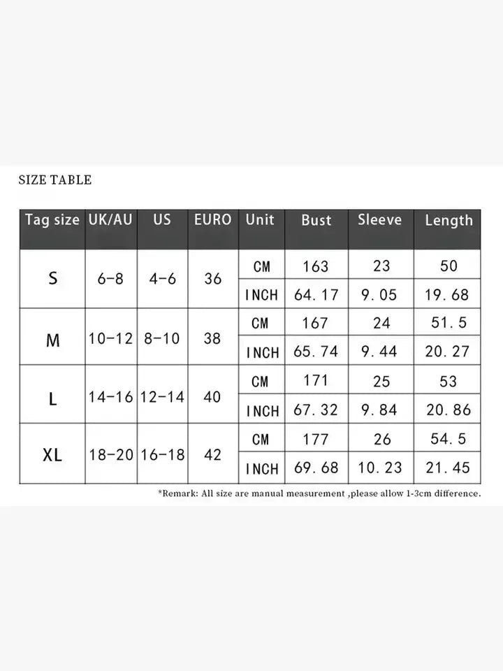 Women's clothing size chart with bust, sleeve, and length in cm and inches for S to XL.