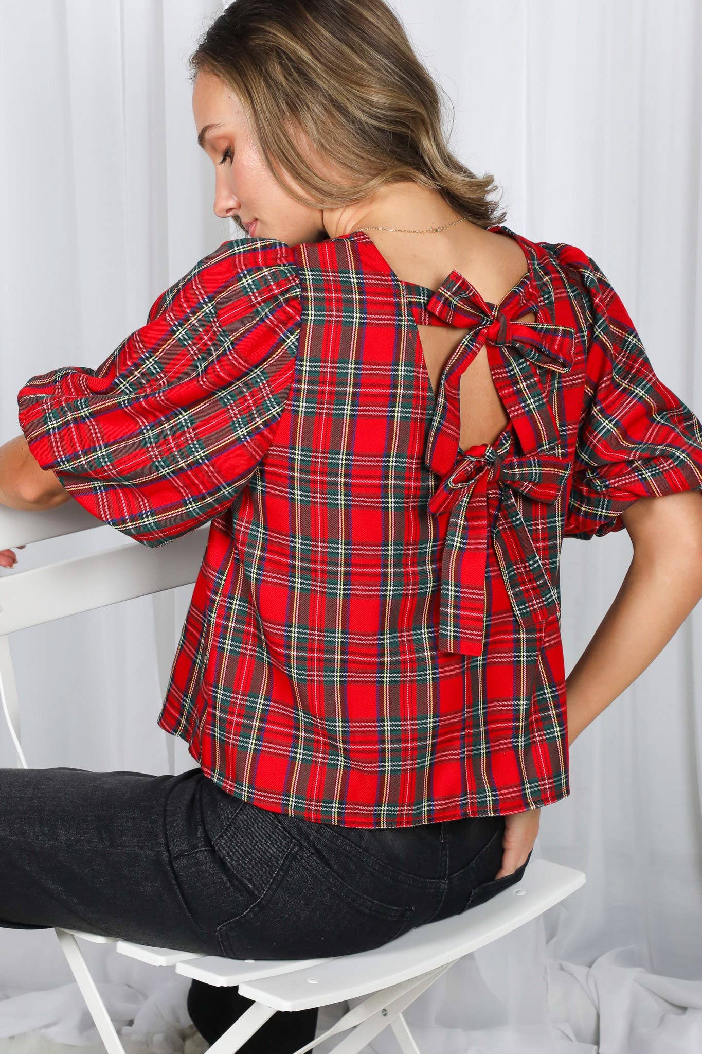 V-Back 2 Bow Accent Plaid Blouse Top
