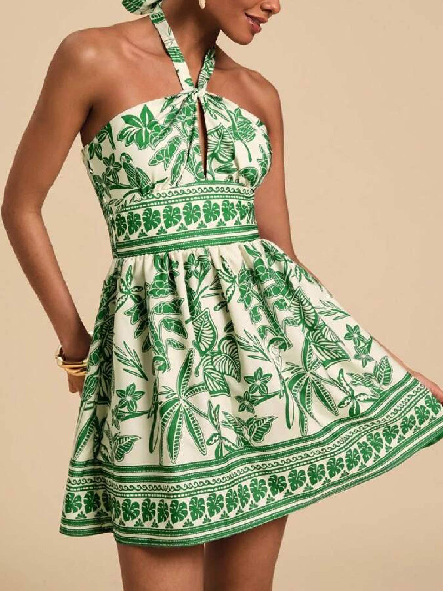 Tropical Print Halter Neck Cutout Smocked Dress