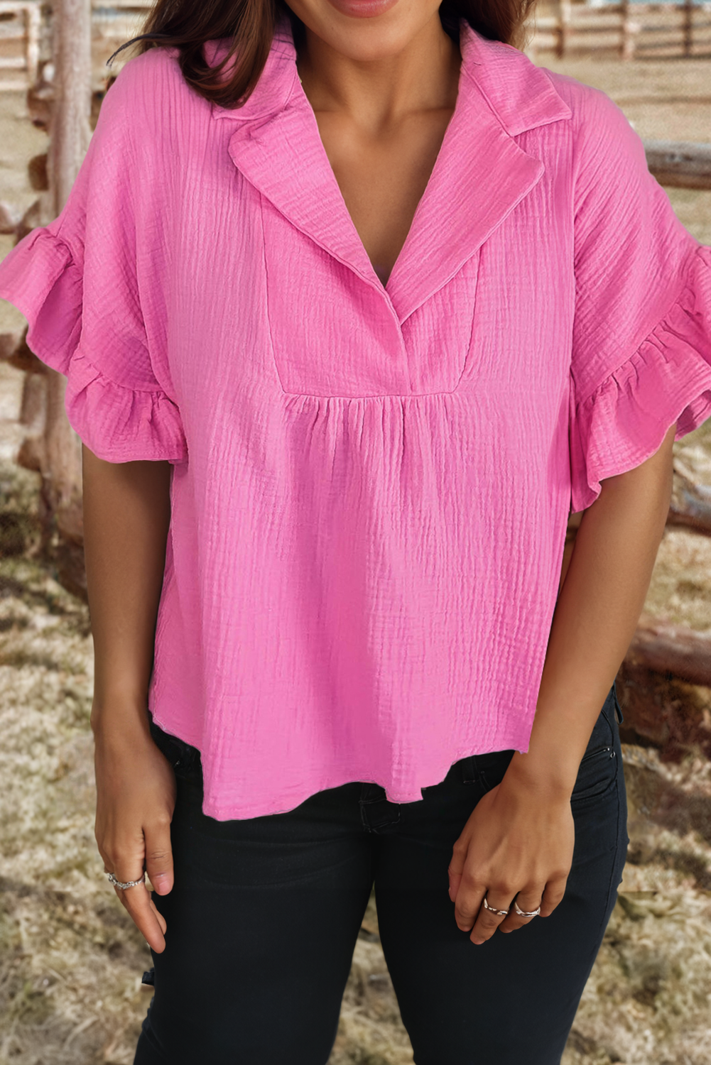 Textured Ruffled Sleeve Collared Loose Fit Top