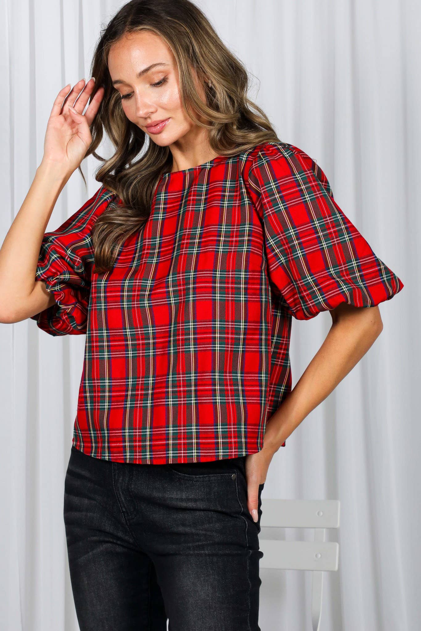 V-Back 2 Bow Accent Plaid Blouse Top