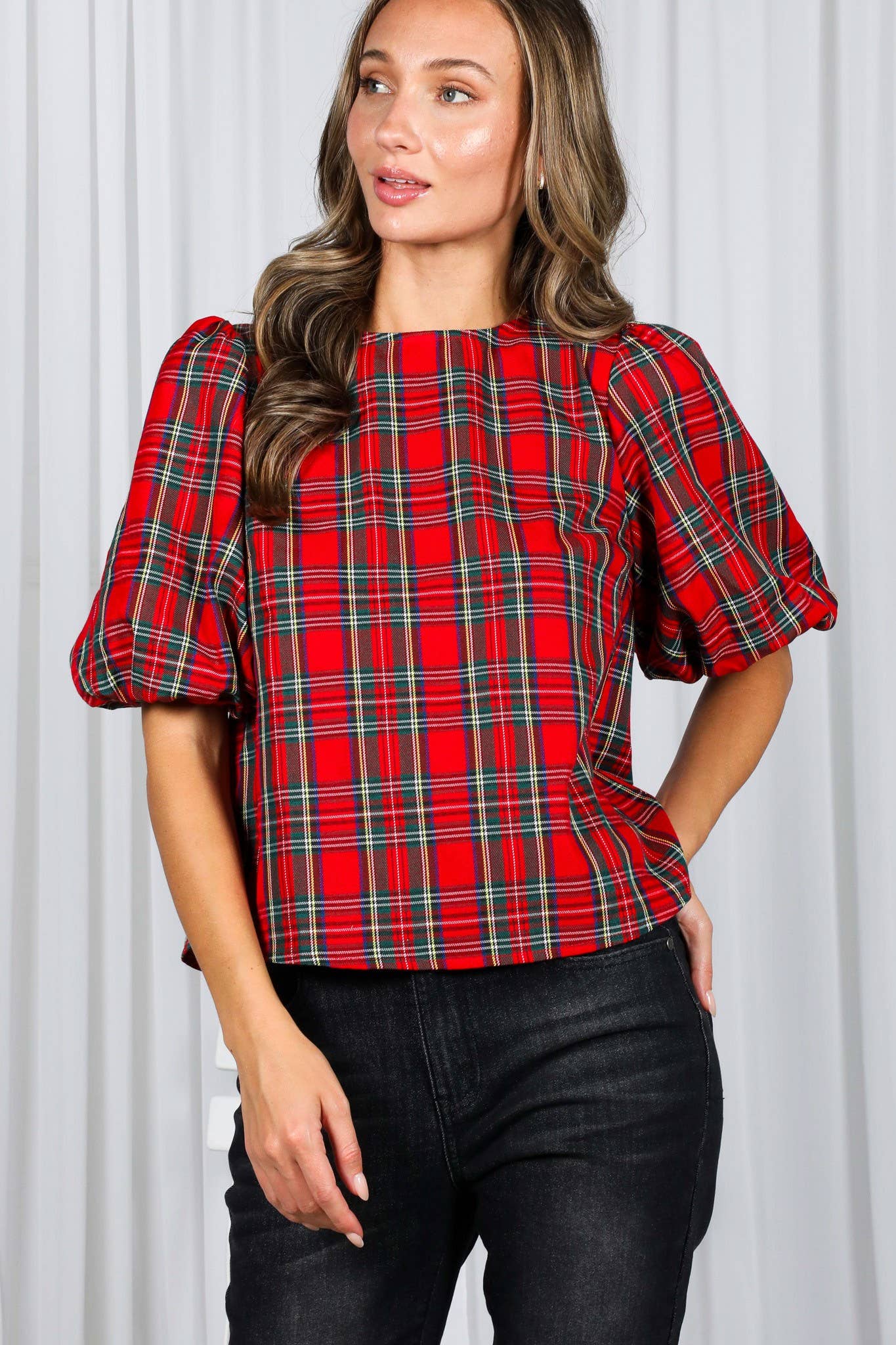 V-Back 2 Bow Accent Plaid Blouse Top
