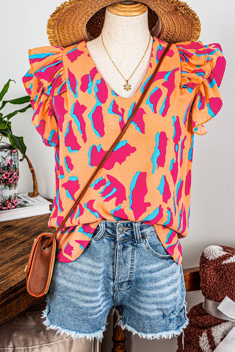 BOHO Abstract V Neck Ruffled Sleeve Blouse