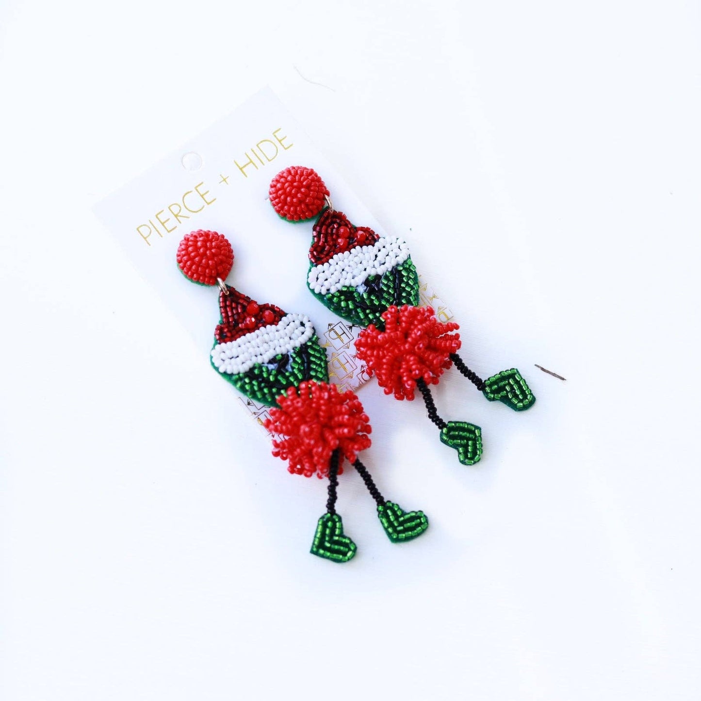 Custom Beaded Leggy Grinch Earring| Pom Grinch Drop