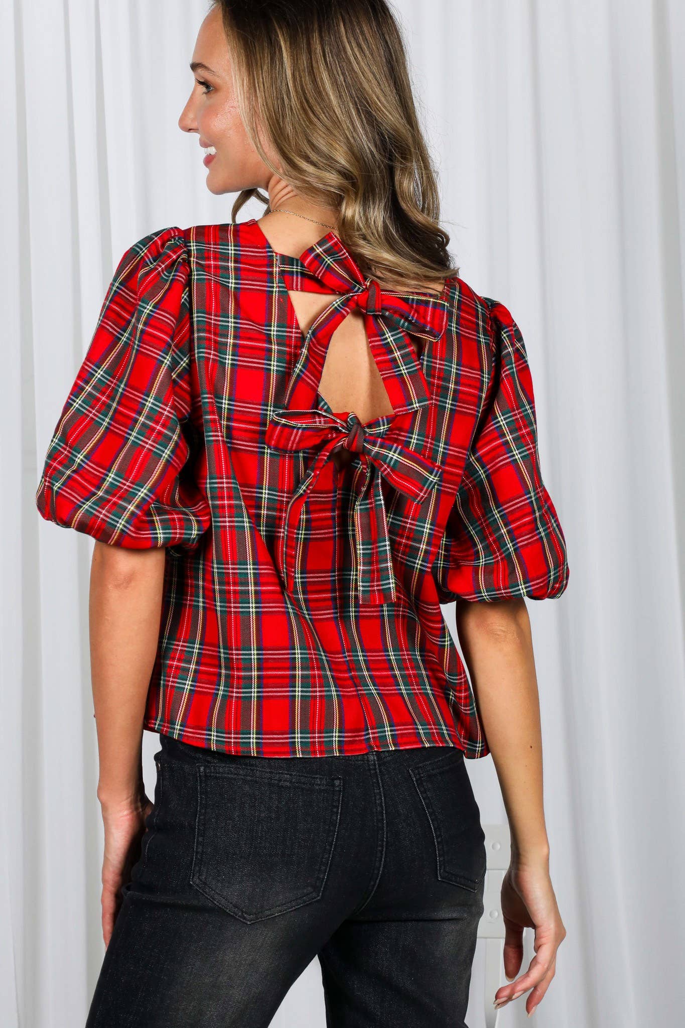 V-Back 2 Bow Accent Plaid Blouse Top