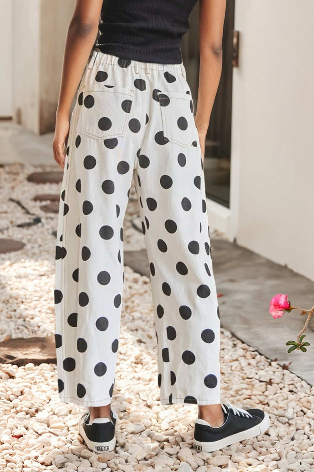 Polka Dot Bow Pocketed Denim Pants