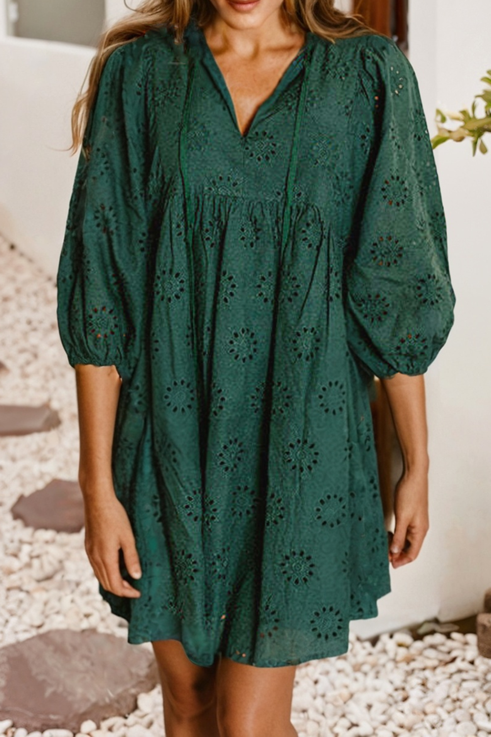 Eyelet Pattern 3/4 Puffy Sleeve Swing Mini Dress