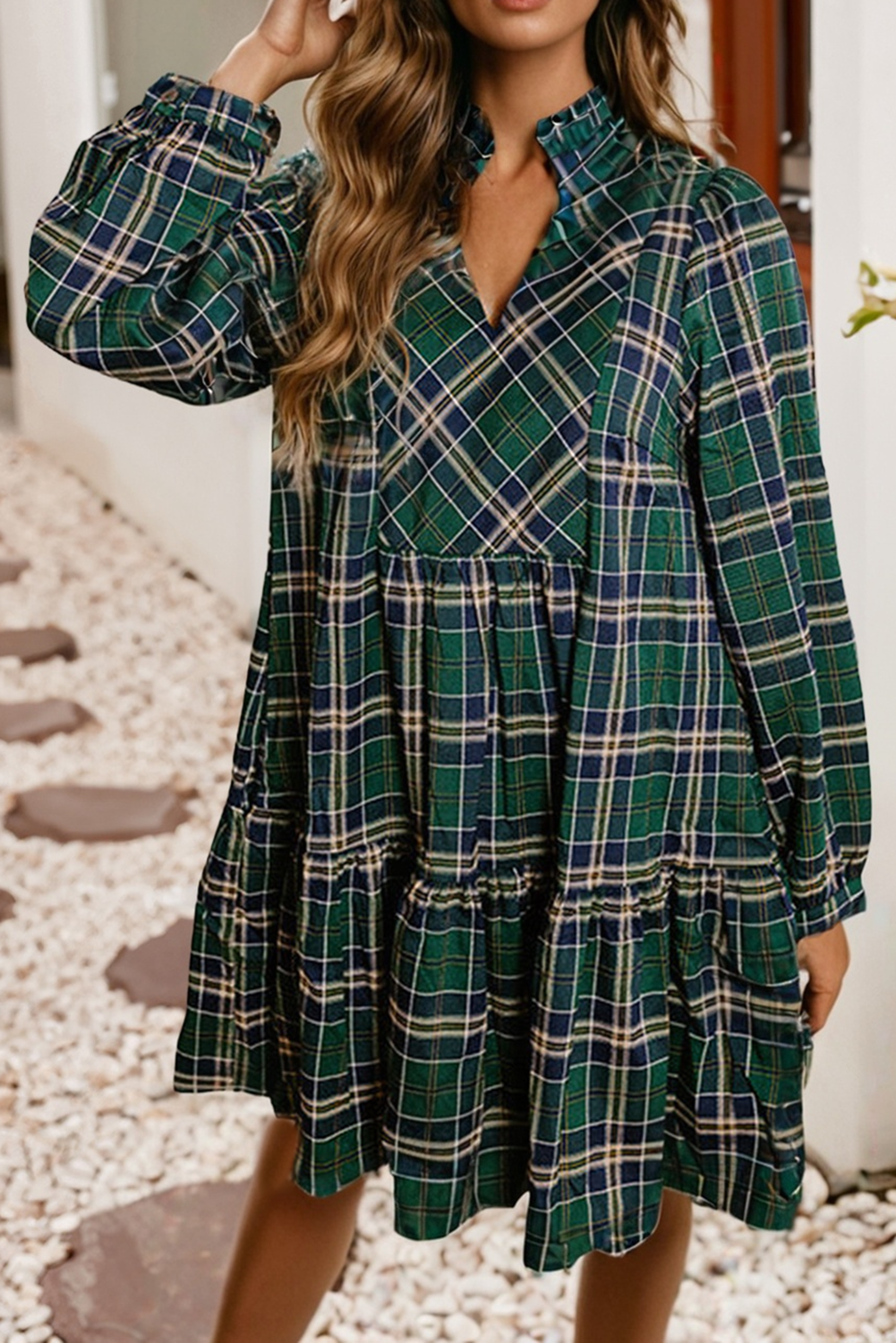 Plaid Print Frilly Collar Long Sleeve Shift Mini Dress
