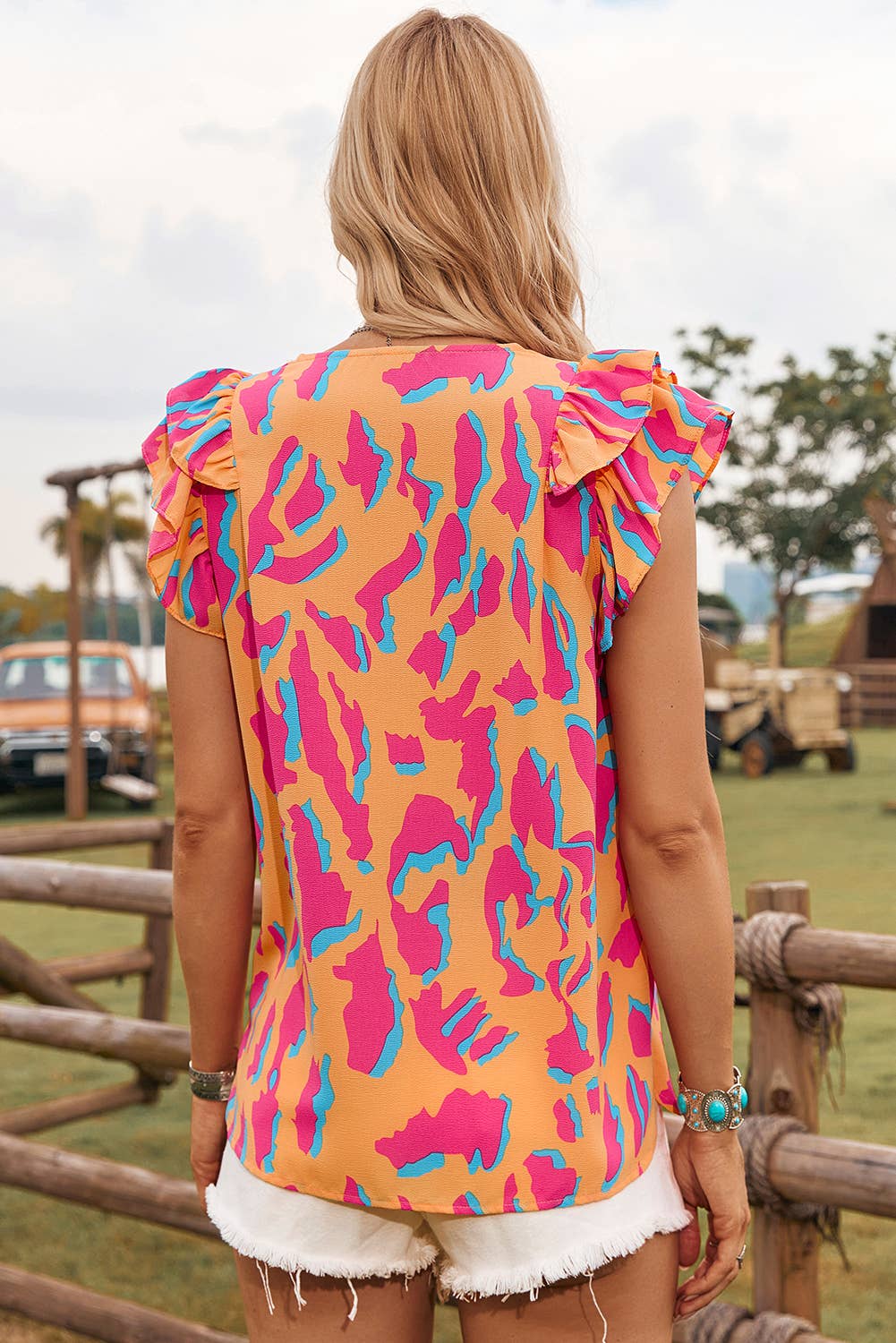BOHO Abstract V Neck Ruffled Sleeve Blouse