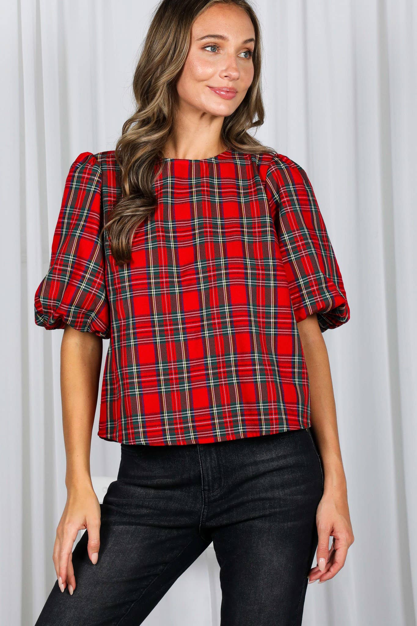 V-Back 2 Bow Accent Plaid Blouse Top