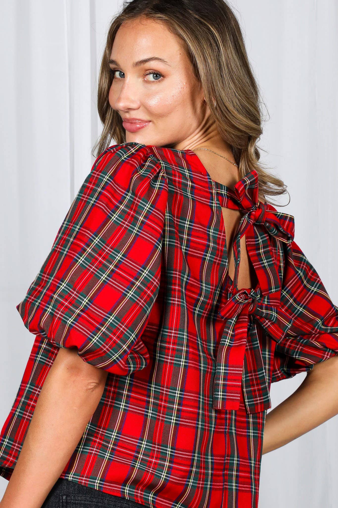 V-Back 2 Bow Accent Plaid Blouse Top