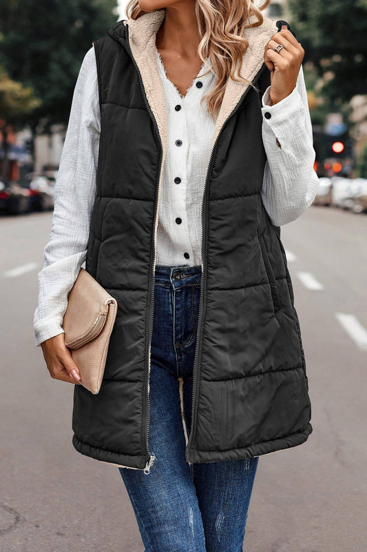 Reversible Plain Hooded Quilted Midi Vest 7 Colors