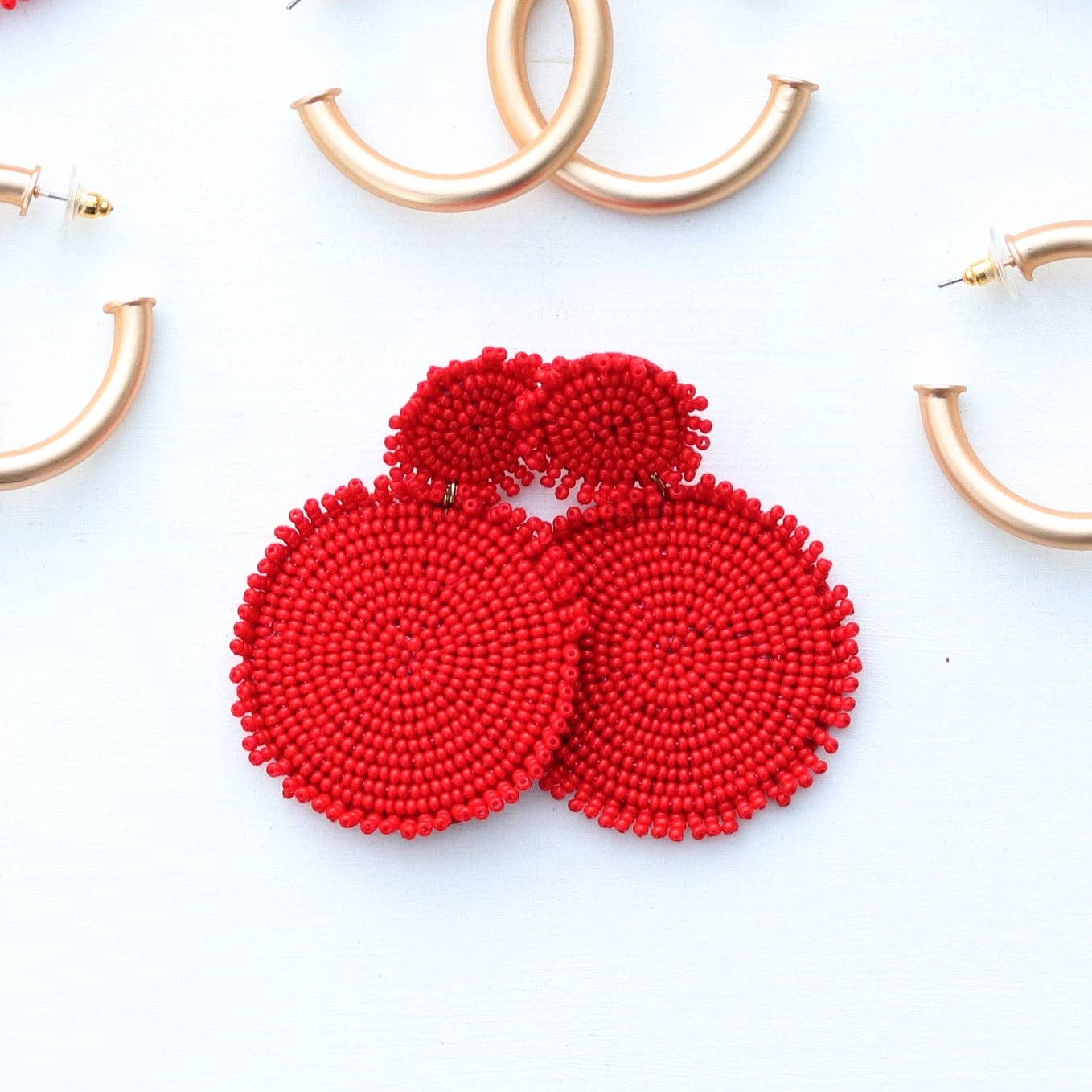 Red Beaded Drop Disc Earrings | Fringe Discs