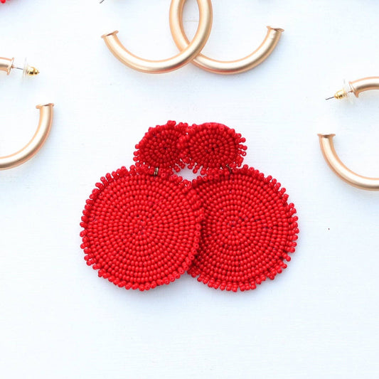 Red Beaded Drop Disc Earrings | Fringe Discs