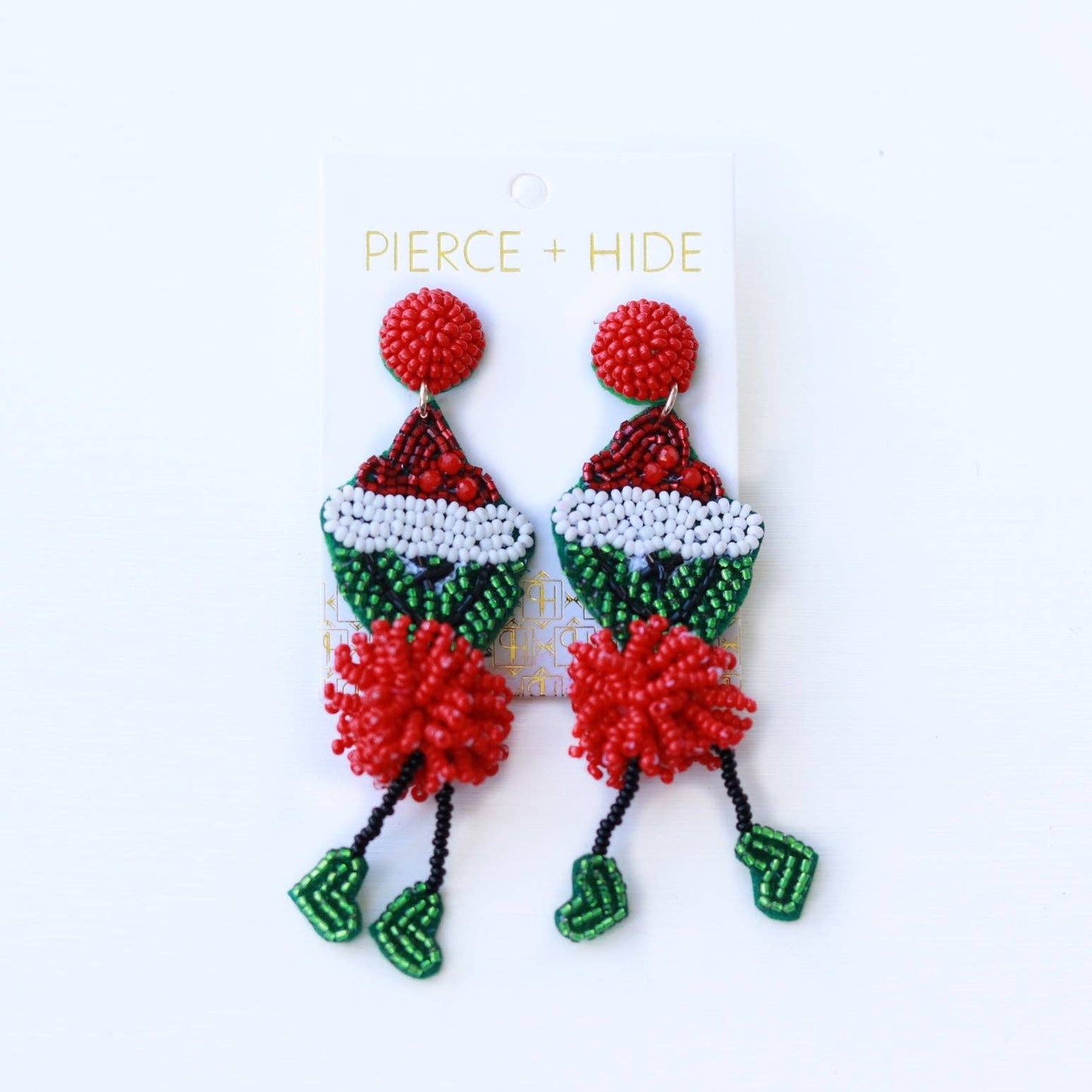 Custom Beaded Leggy Grinch Earring| Pom Grinch Drop