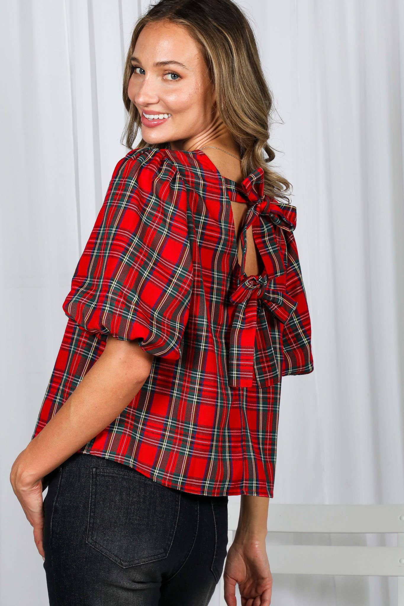 V-Back 2 Bow Accent Plaid Blouse Top