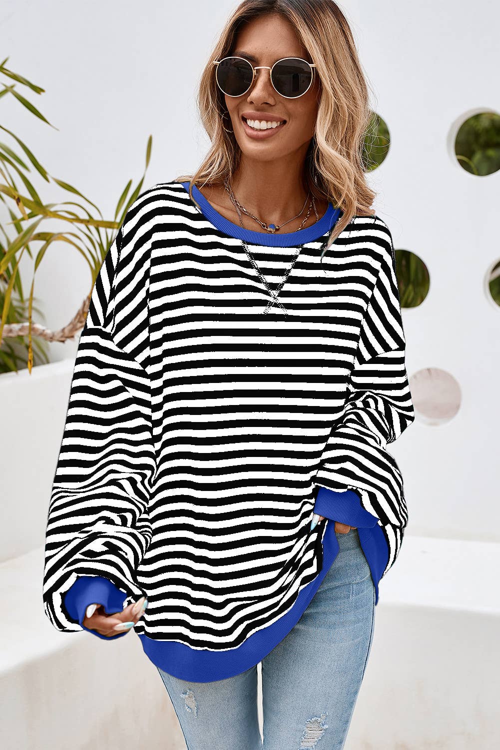 Stripe Contrast Trim Oversized Pullover Sweatshirt