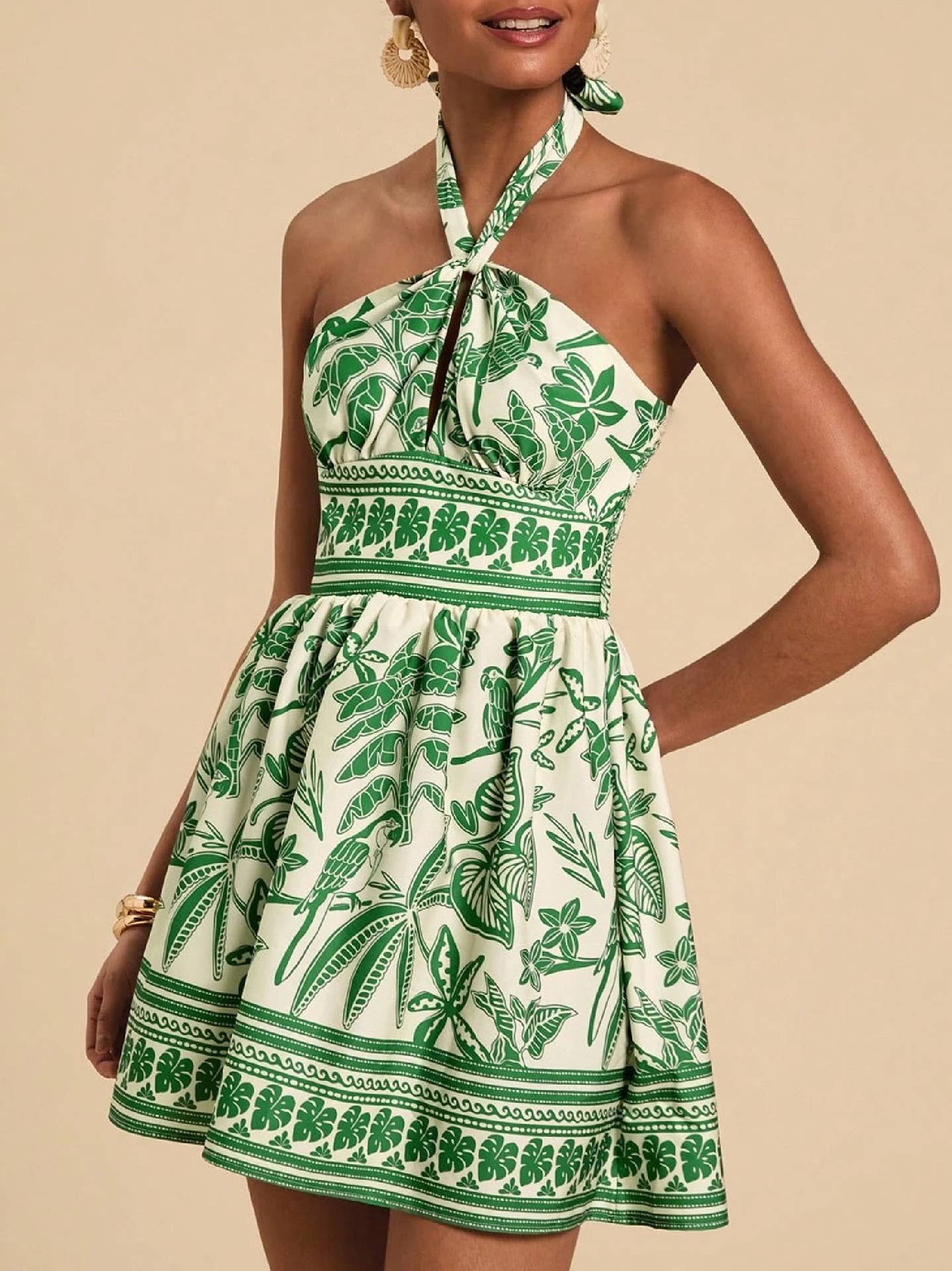 Tropical Print Halter Neck Cutout Smocked Dress