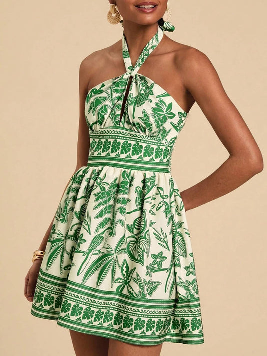 Tropical Print Halter Neck Cutout Smocked Dress
