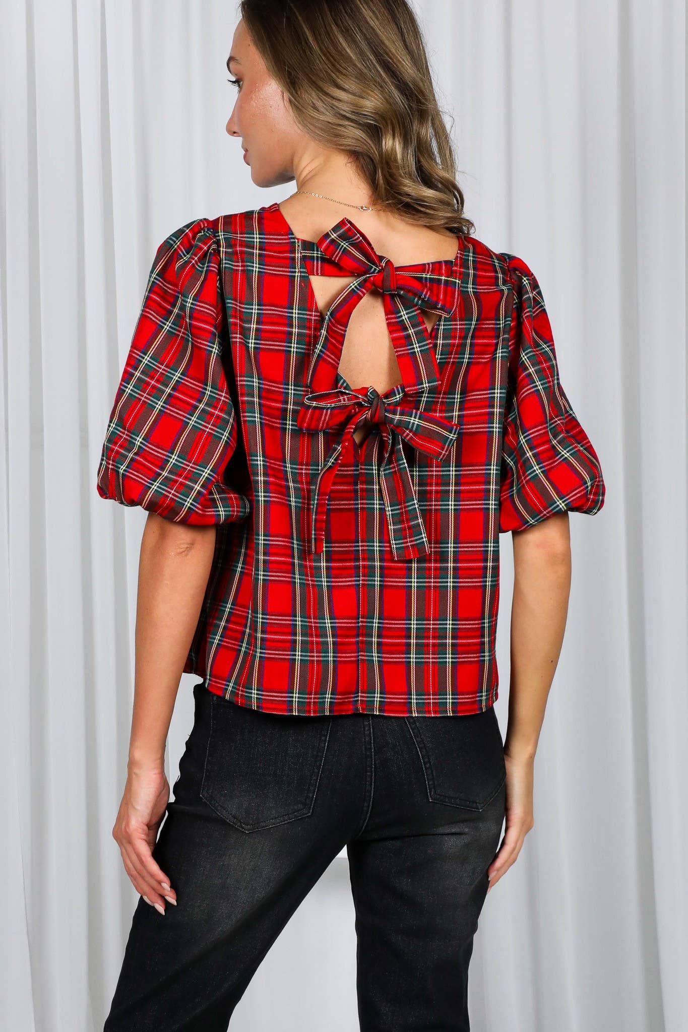 V-Back 2 Bow Accent Plaid Blouse Top