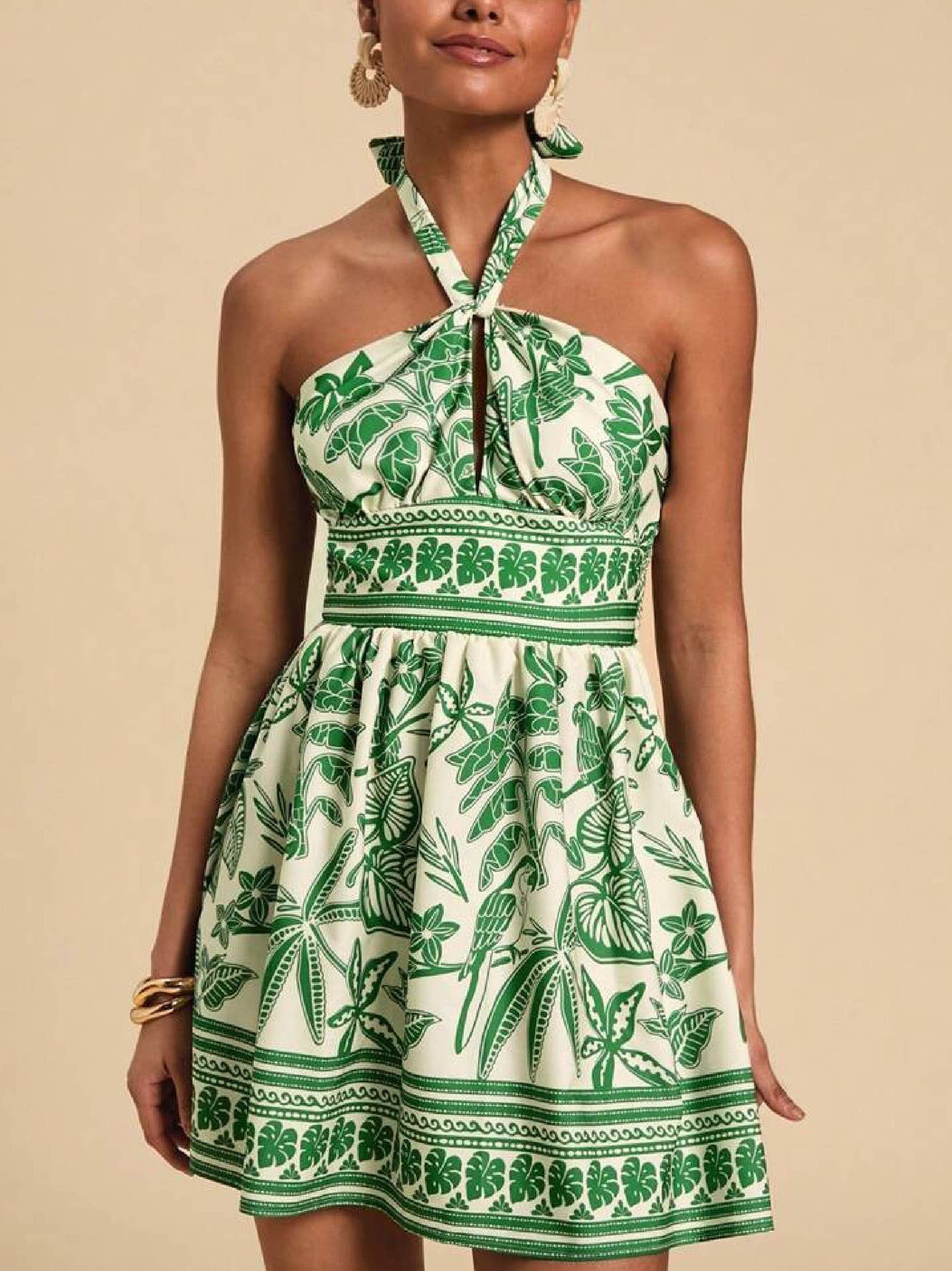 Tropical Print Halter Neck Cutout Smocked Dress