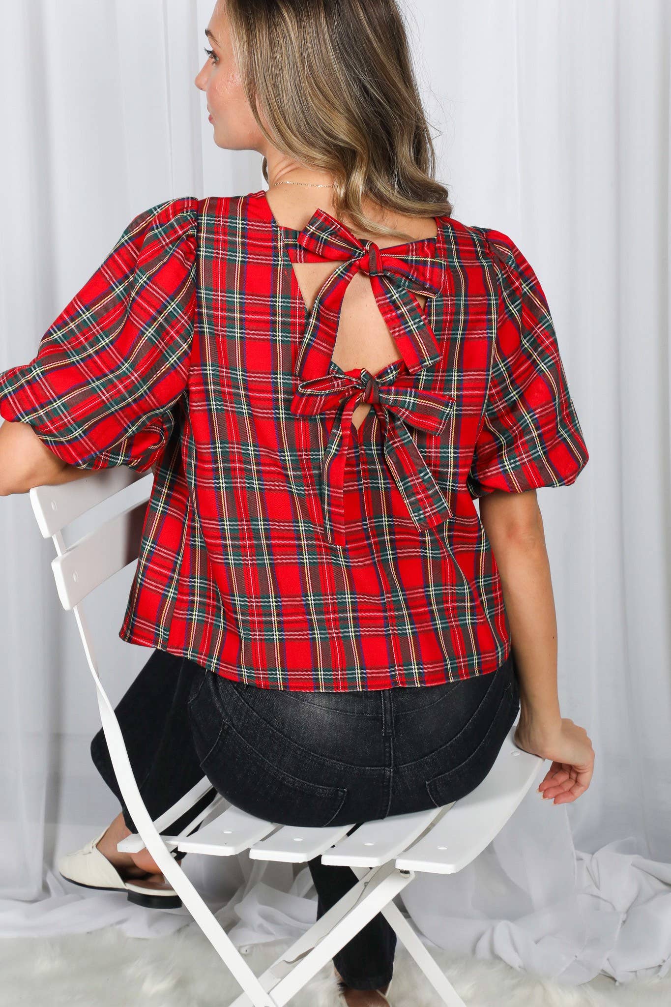 V-Back 2 Bow Accent Plaid Blouse Top