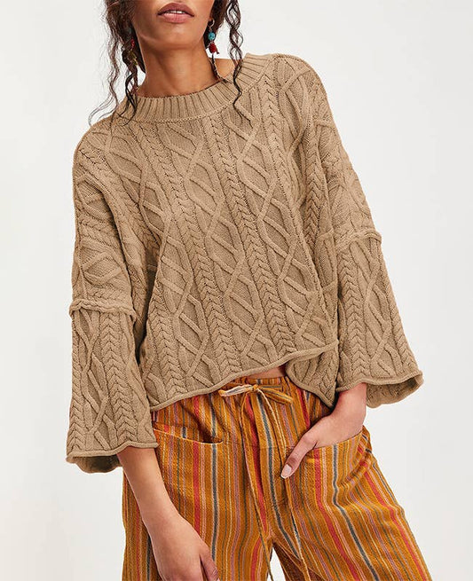Cropped Cable Knit Sweater | 7/8 Bell Sleeve Pullover Women