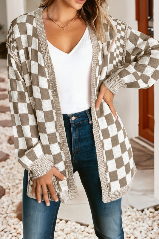 LDC Checkered Open Front Drop Shoulder Cardigan | S-4X