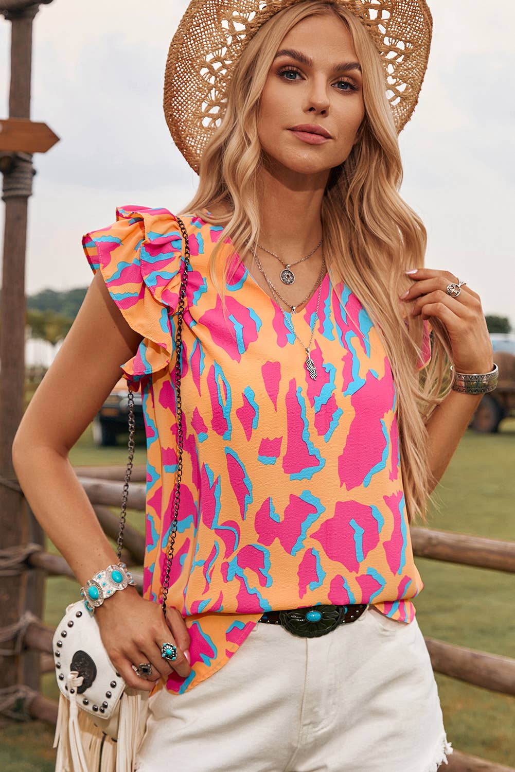 BOHO Abstract V Neck Ruffled Sleeve Blouse