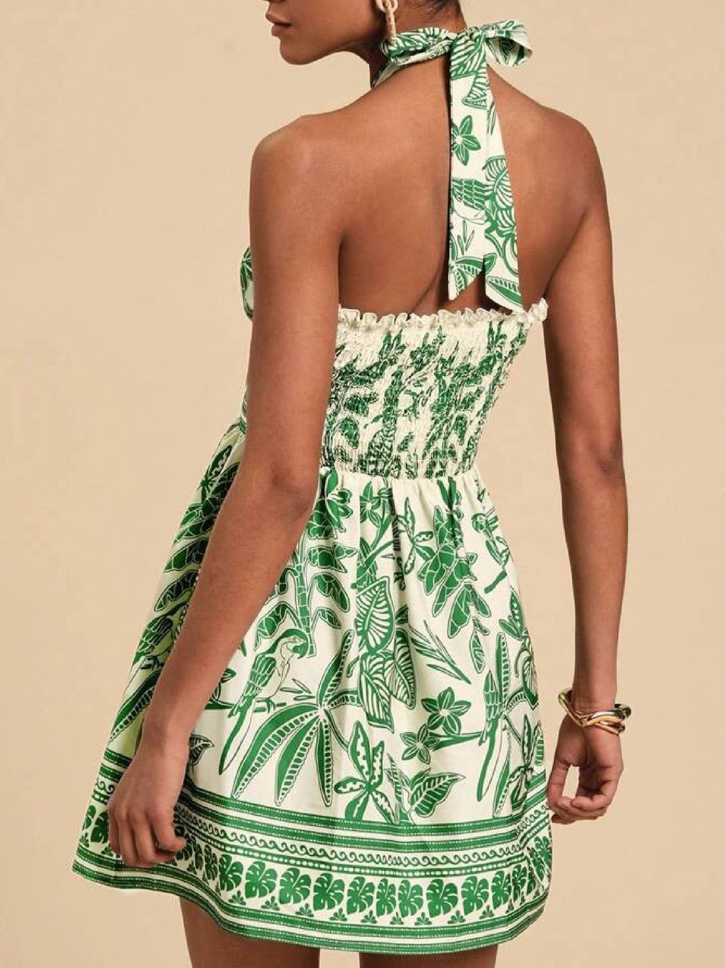 Tropical Print Halter Neck Cutout Smocked Dress