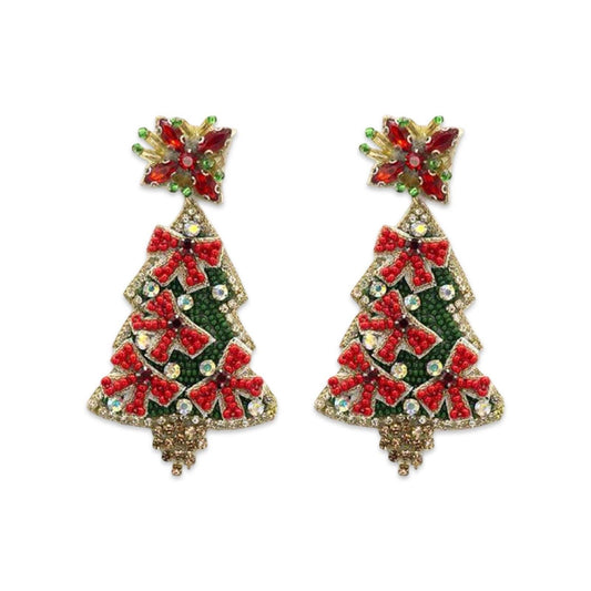 Green + Red Ribbon Christmas Tree Earring| Glitzy Gemstone Tree