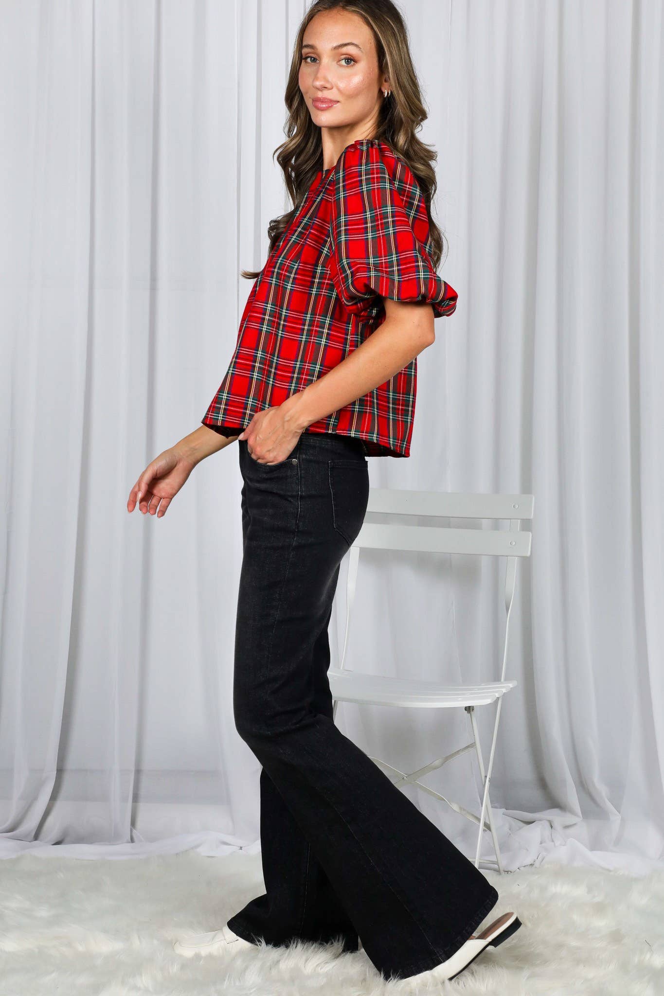V-Back 2 Bow Accent Plaid Blouse Top