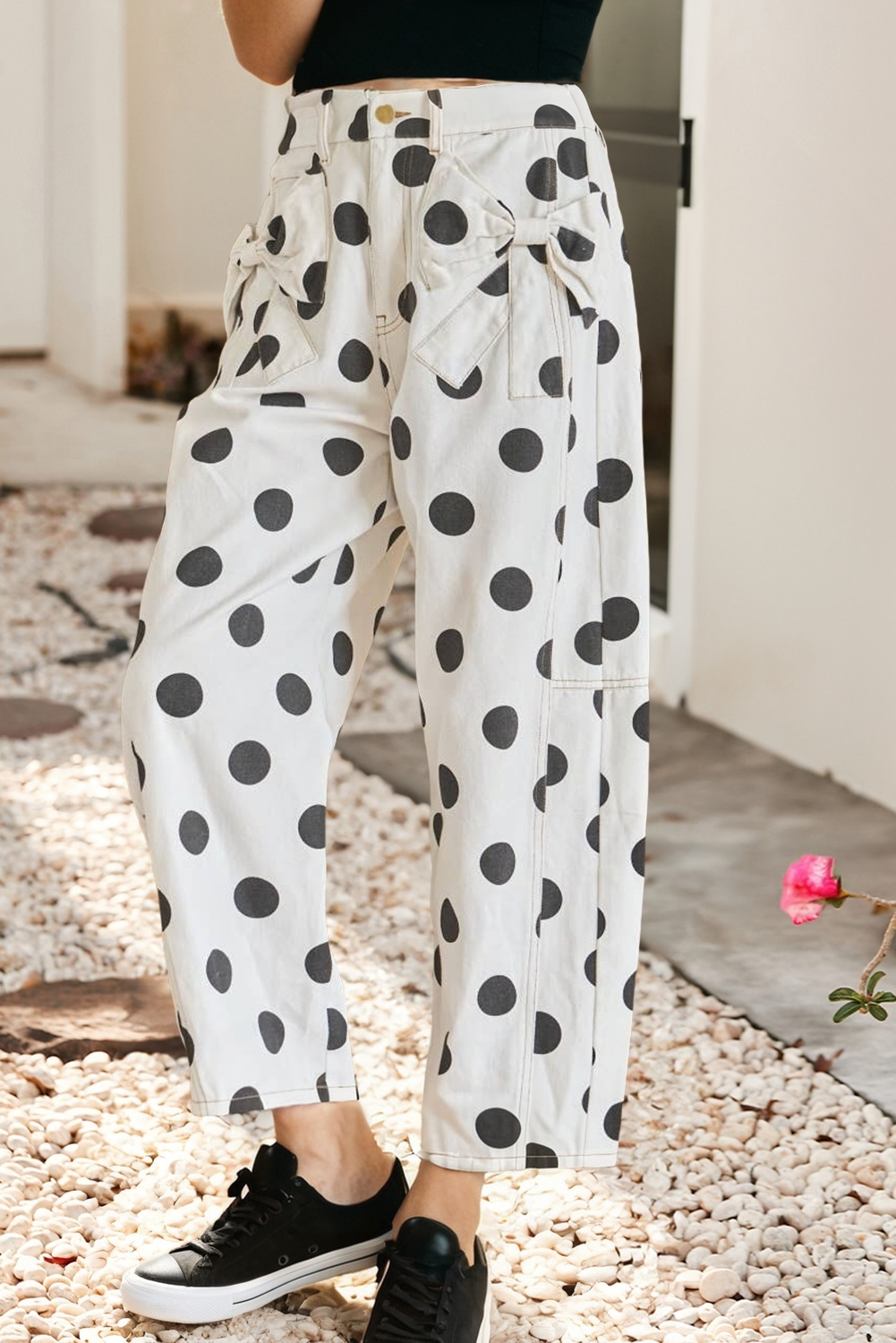 Polka Dot Bow Pocketed Denim Pants